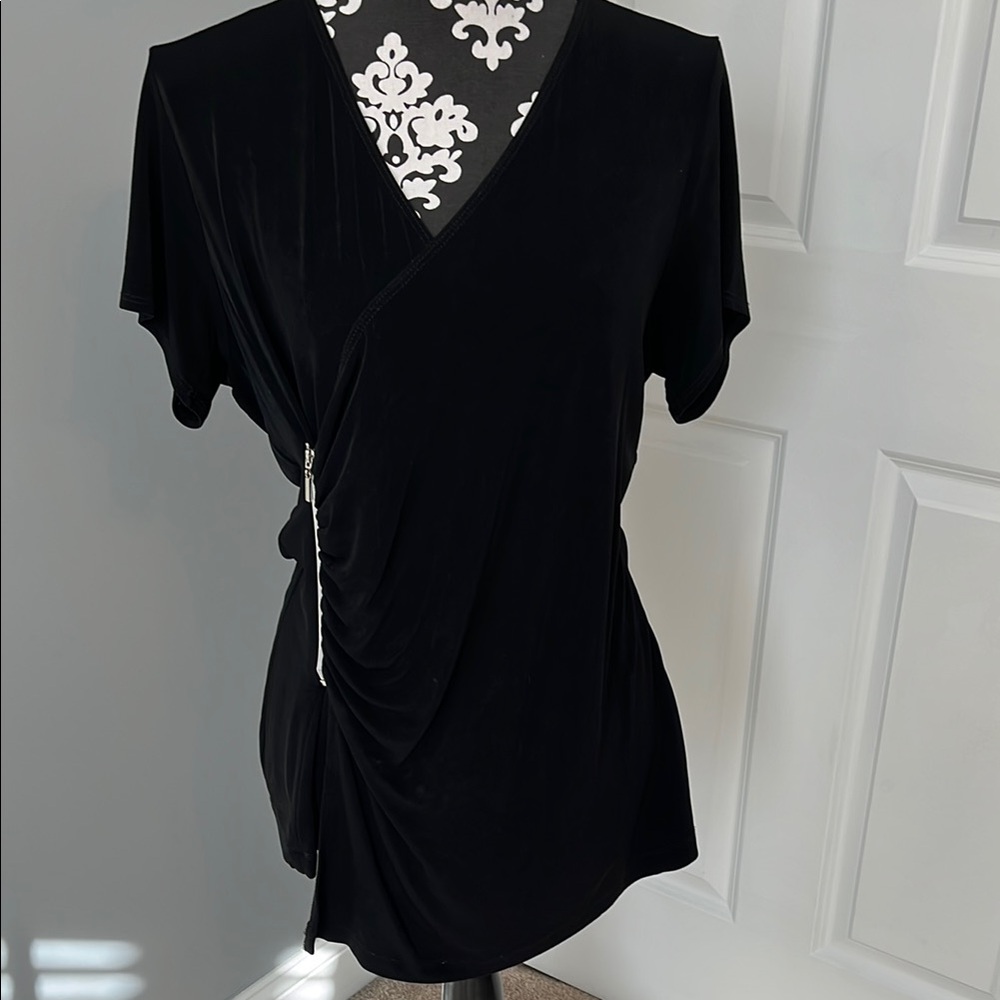Black Short Sleeve Wrap Ruched Tunic